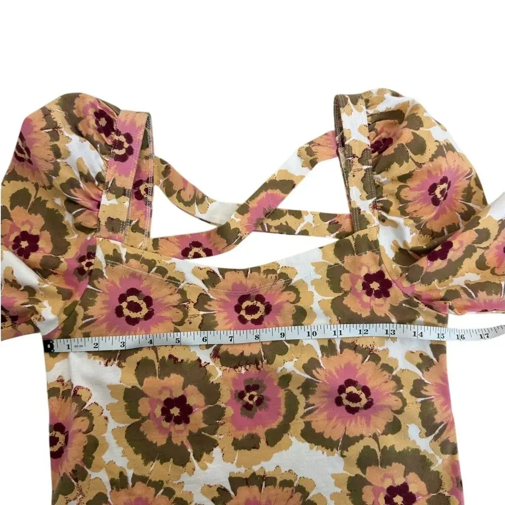 Free People Give Me More Top Floral Ivory Combo Puff Sleeve Cross Back M